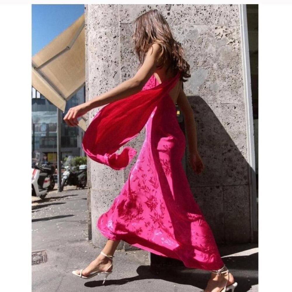 Zara pink jacquard dress with neck scarf